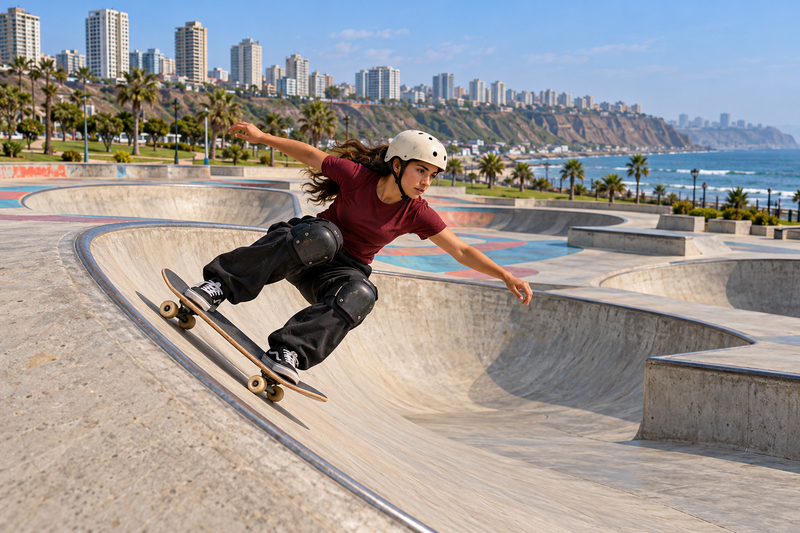 Skater avanzada recorriendo un bowl con rampas visibles en un skatepark de Lima