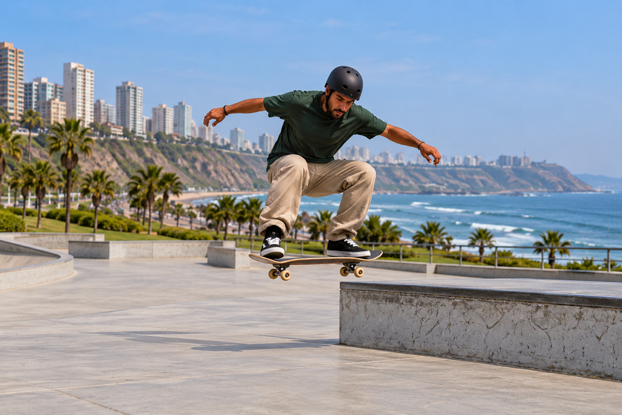 Skater de nivel intermedio haciendo un ollie en un skatepark de Lima
