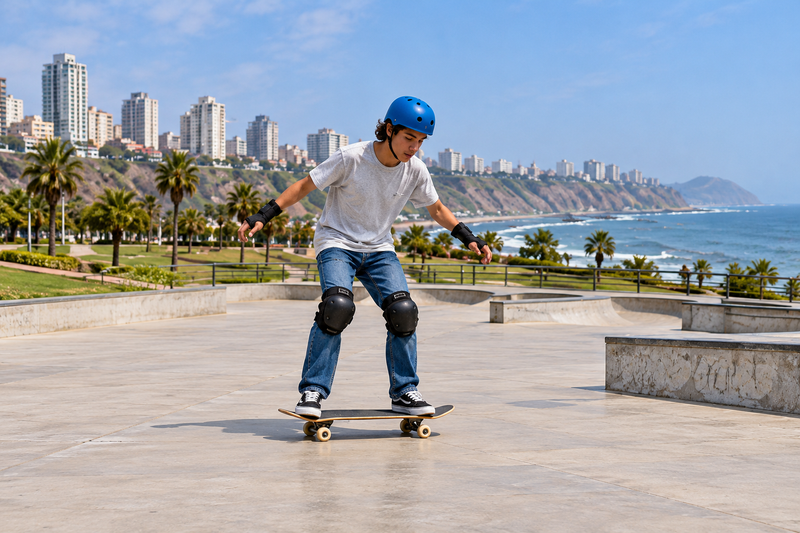 Principiante aprendiendo a mantener el equilibrio sobre un skate en Lima